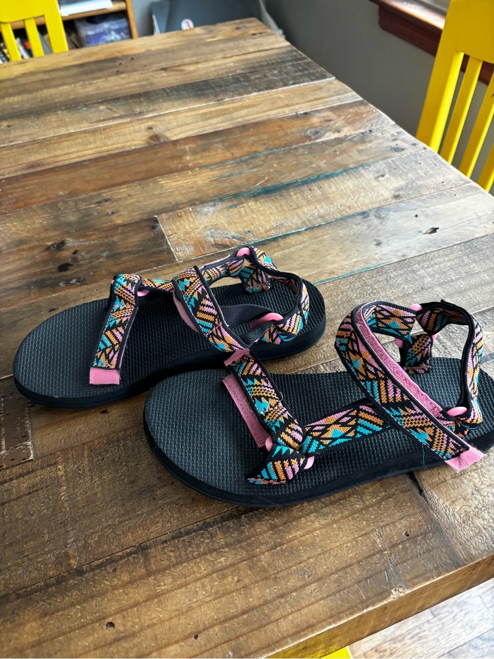 Teva Women's Black Sandals with Pink, Teal & Orange Patterned Straps